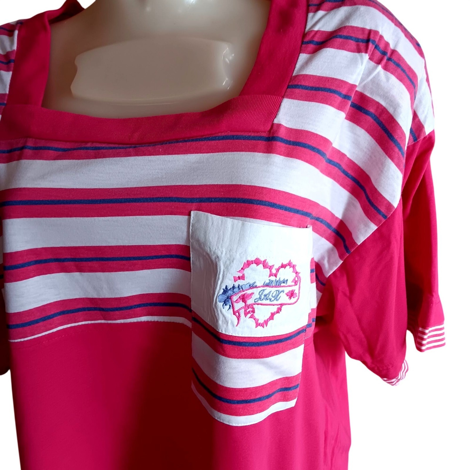 XL Vintage T-shirt 90’s Padded Pink Striped Square Neck Embroidered Pocket