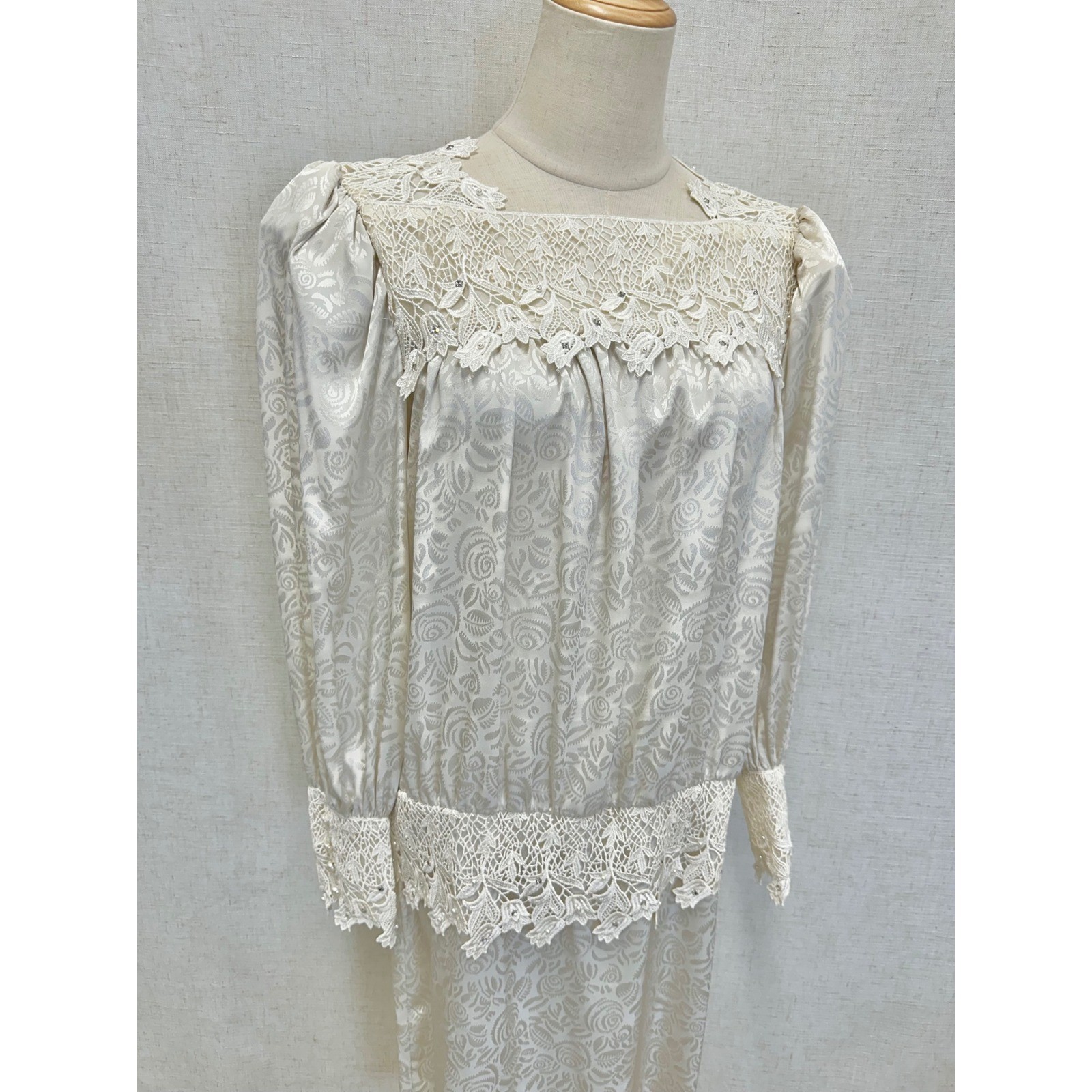 Cachet Bari Protas Floral Damask Lace Drop Waist Dress Womens 12 Cream Ivory 80s