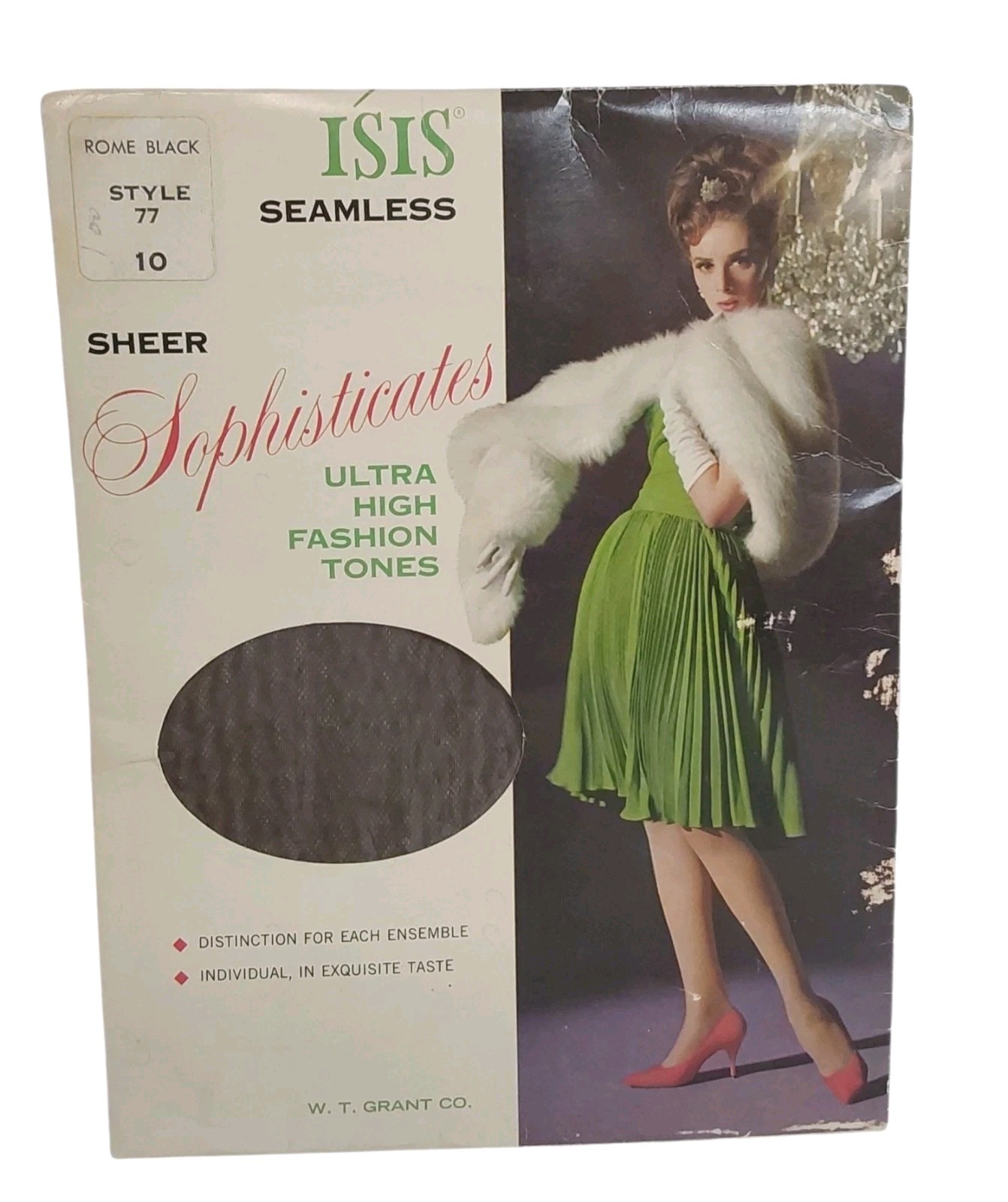 VTG ISIS Seamless Sheer Nylon Stockings Textured Rome Black Sz 10 W T Grant Co