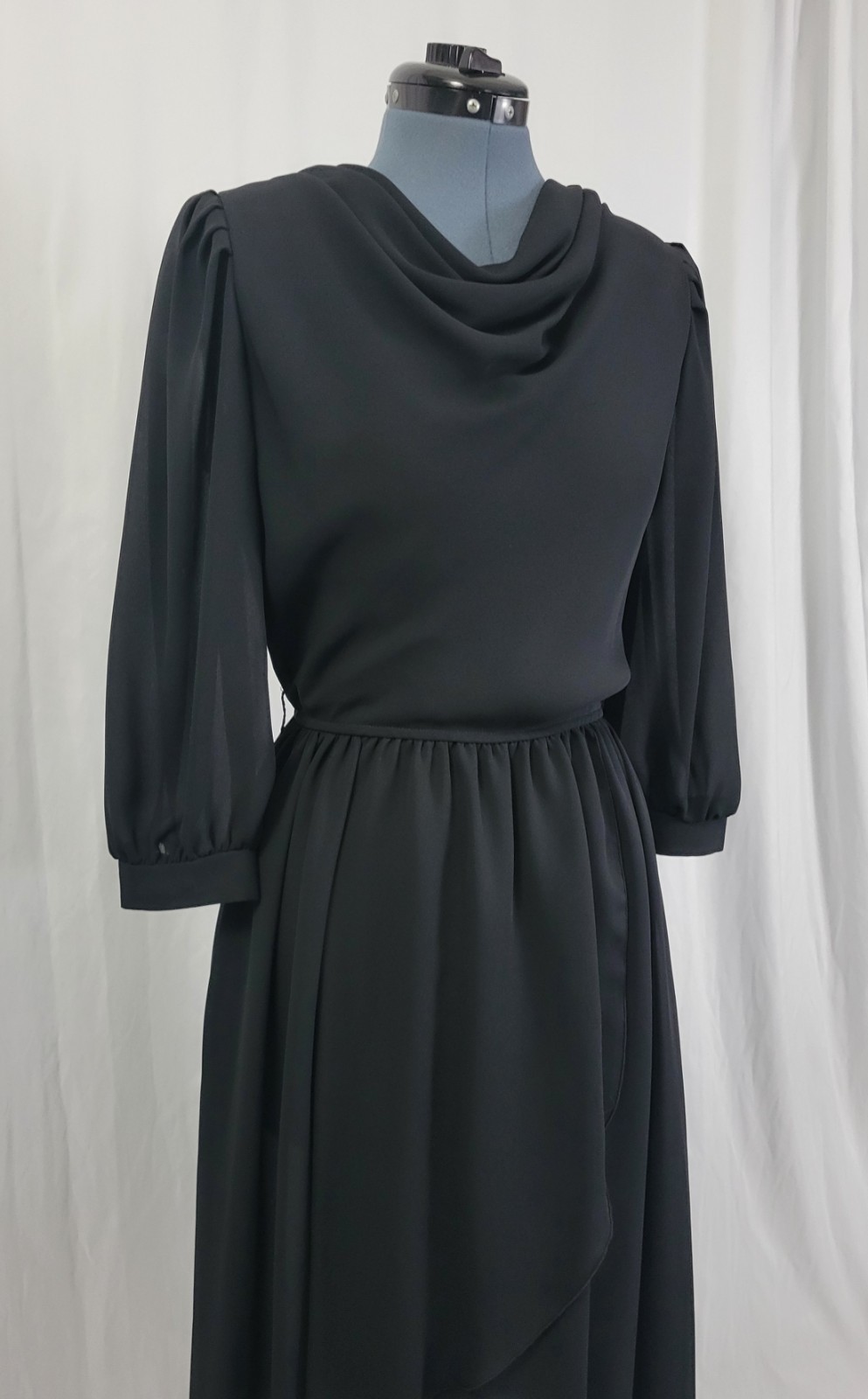 Vintage Leslie Fay Black Blouson Dress w Wrap Skirt Size 8