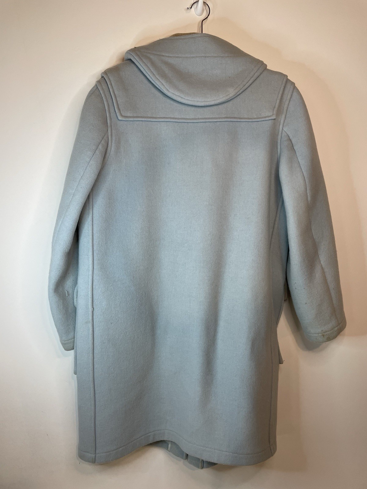 Vintage Gloverall Powder Blue Wool Duffle Coat Womens Sz 8 Hooded Toggle FLAWS