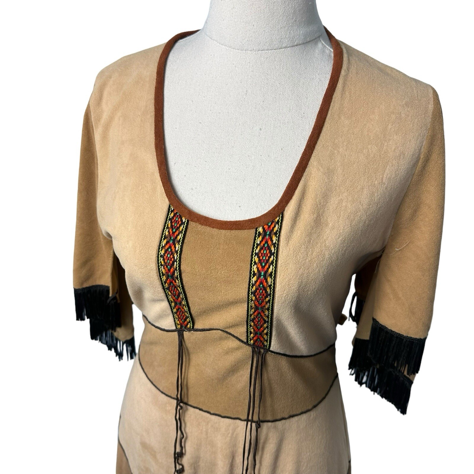 Vintage 70s C&A Brown Fringed Western Midi Dress Cowgirl Boho Festival Sz S