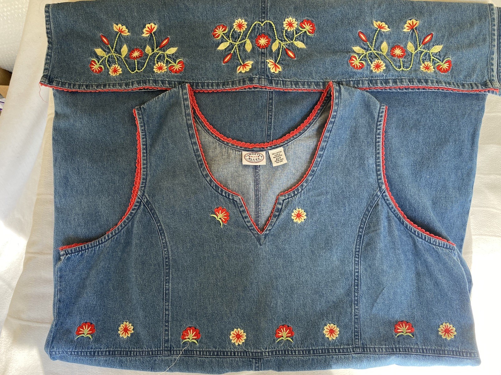 Vintage 90s Denim Embroidered Maxi Dress 22W Cottagecore Western Country Work