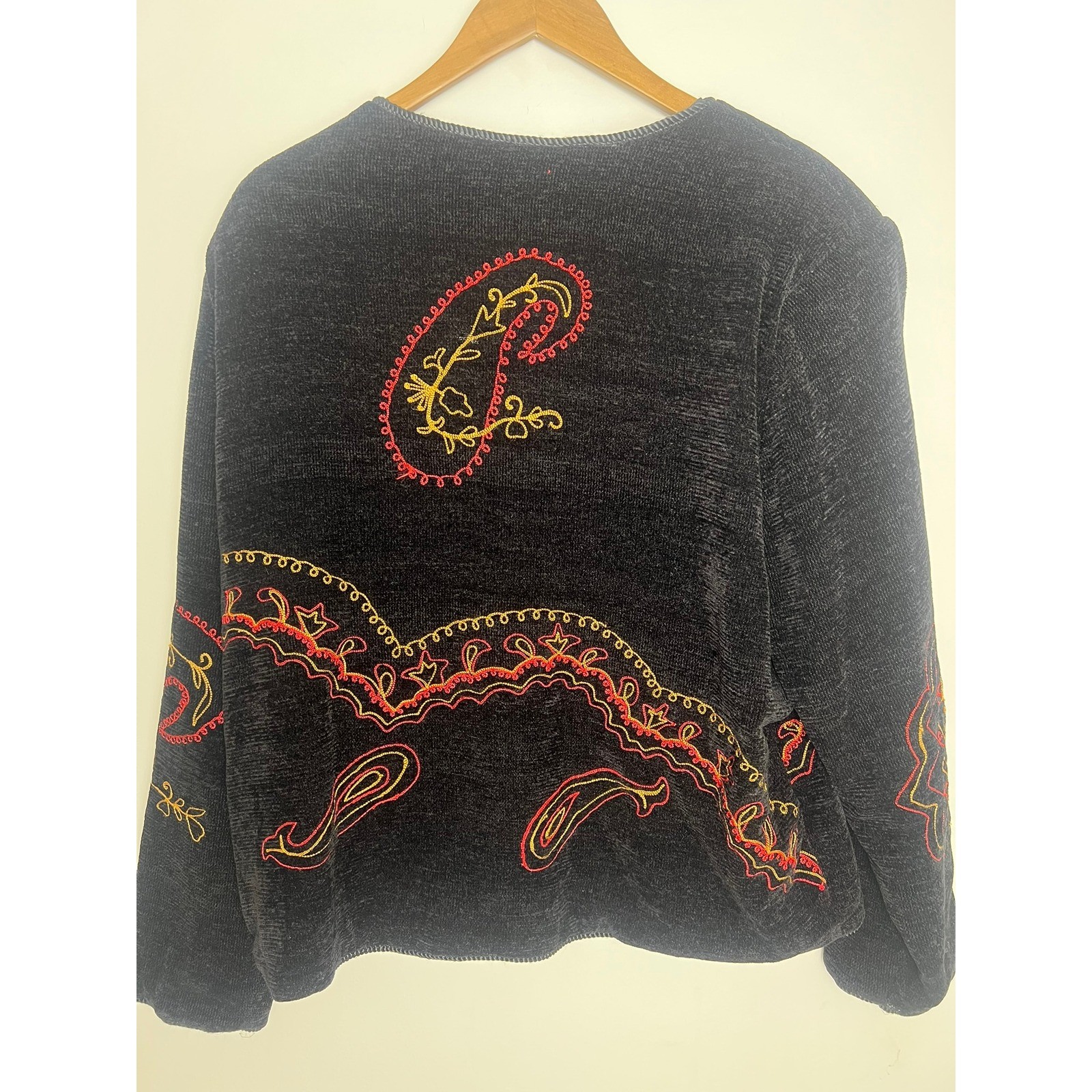 VTG Alex Kim Black Chenille Embroidered Paisley Jacket Wm XL Eclectic Funky Boho