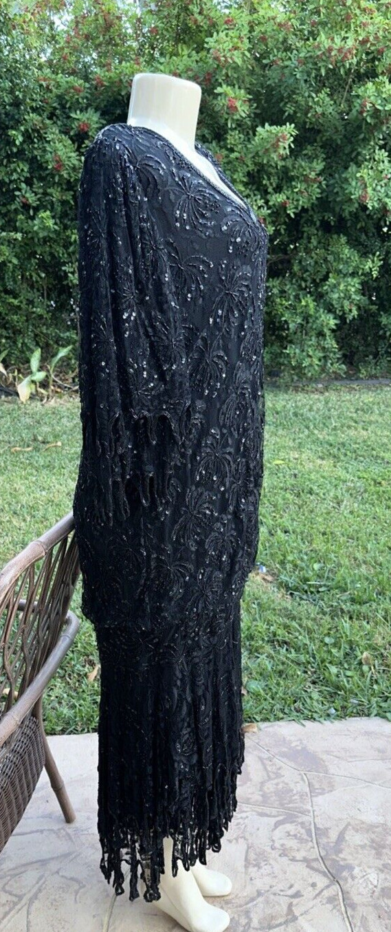 VTG JUDITH ANN CREATIONS BLACK SILK HEAVELY BEADED ASYMMETRIC HEM DRESS Sz XL
