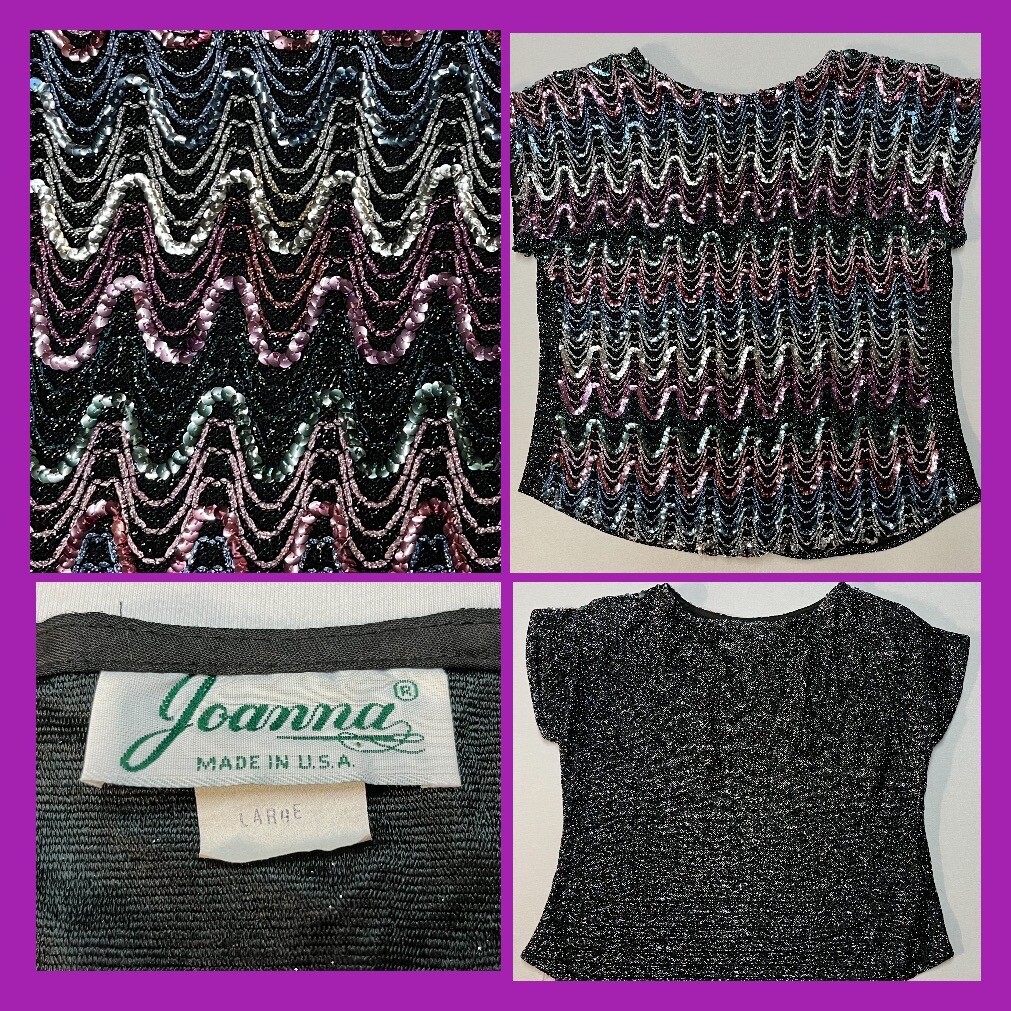 Vintage 1970s Joanna Sequin Sparkle Disco Top Made USA Chest 36” Shoulder Pads
