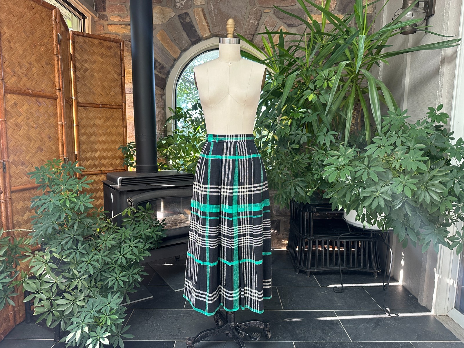 Vintage 1970s Black Ivory Green Linen & Rayon Pleated Plaid Midi Skirt Prophecy