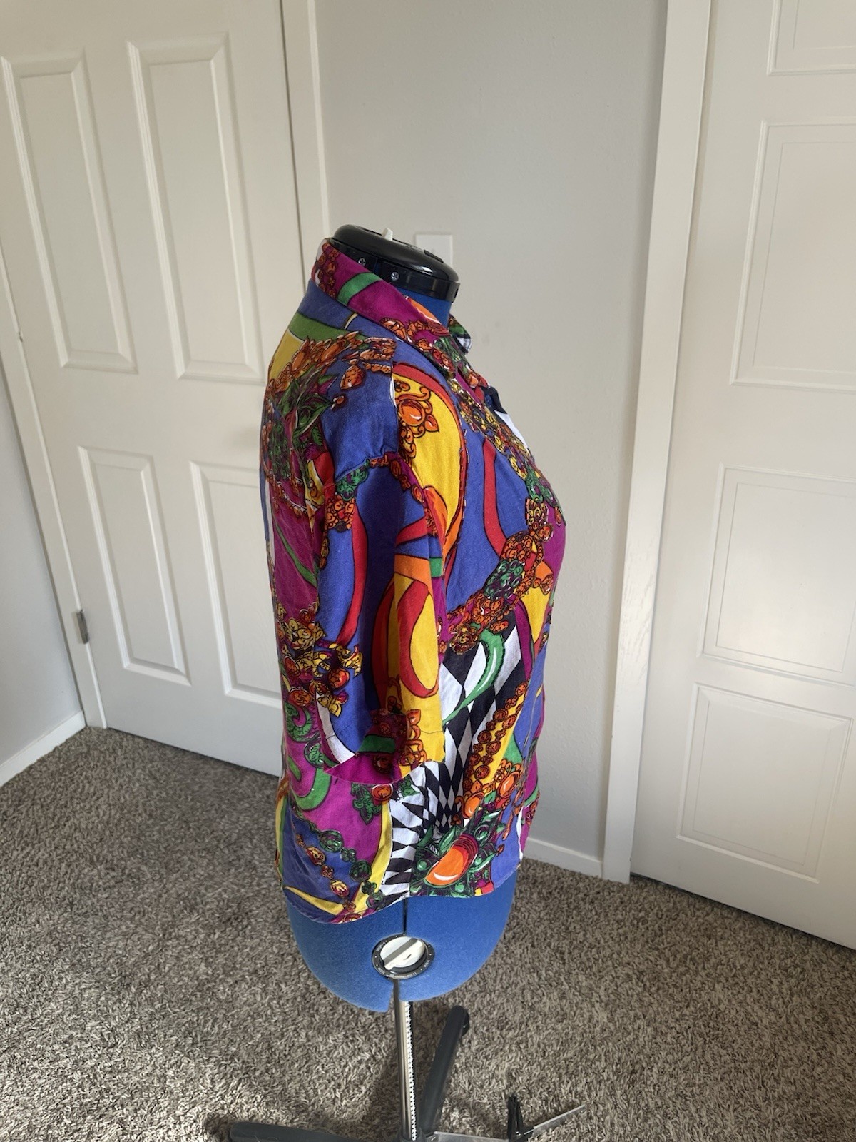 1980s Jane Ashley Sz Medium Multicolor SS Button Up w Beading, Checkers, Jewels