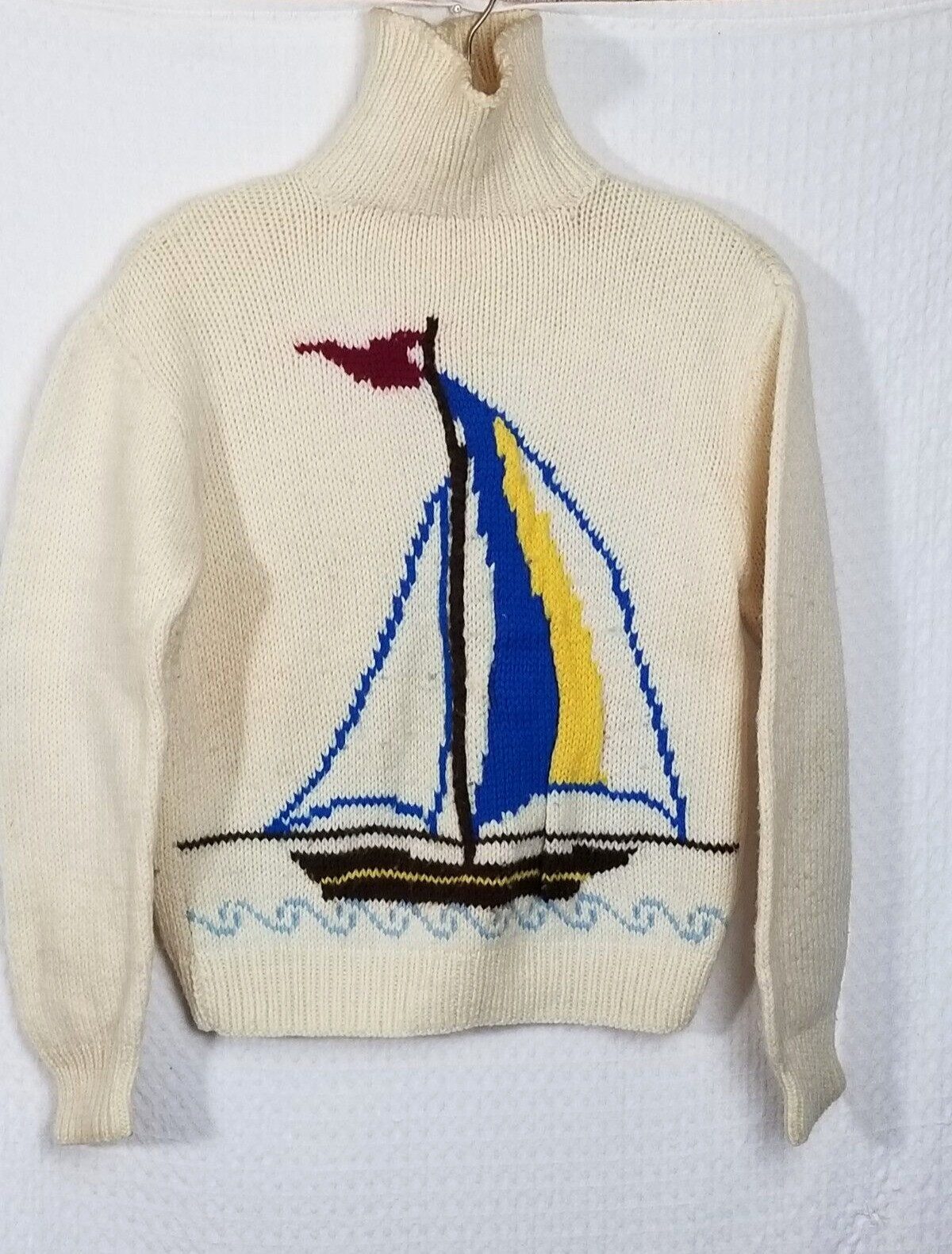 Vtg 70’s White Handmade Wool Knit Sail Boat Embroidered Turtle Neck Sweater Sz S