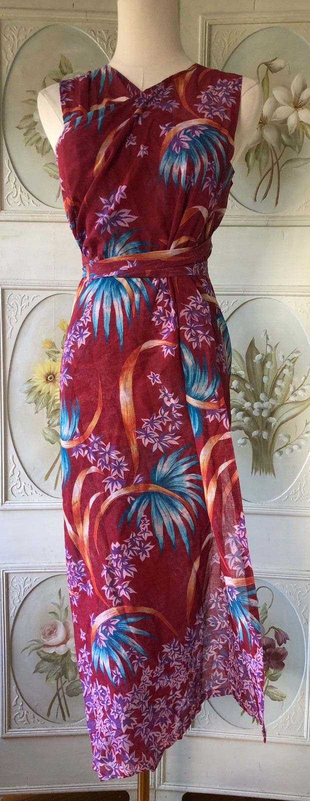VTG COTTON VOILE SHEER MAROON RED ALOHA SARONG WRAP DRESS BEACH COVER UP FLORAL