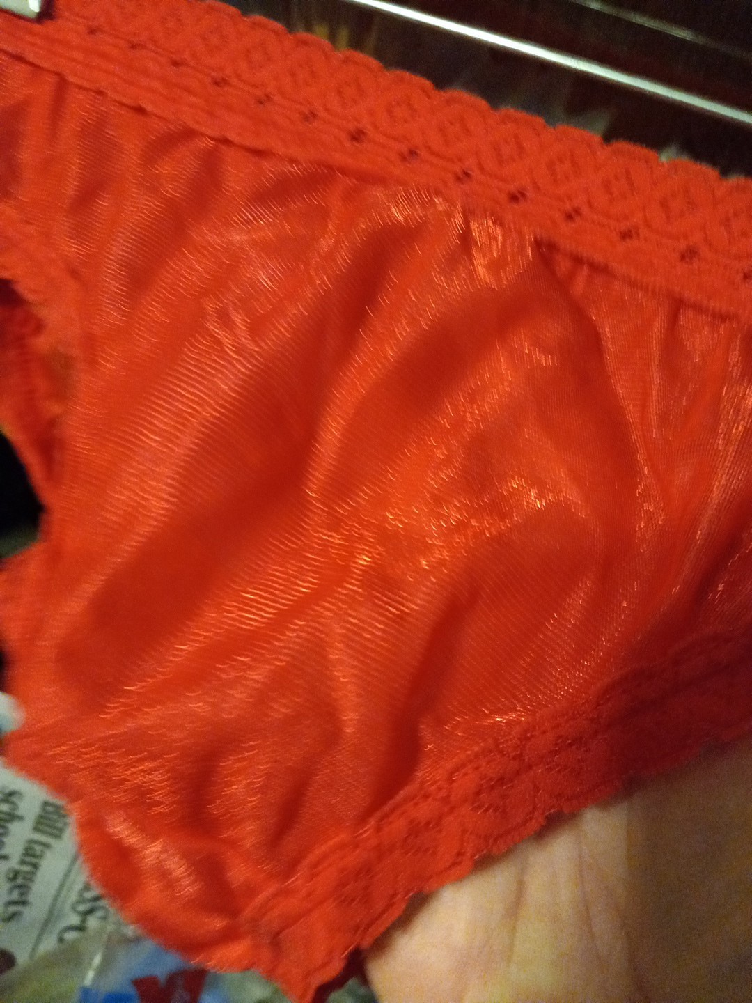 Vintage Kiki NOS Panties Red Sparkle Nylon Panty Bikini Shiny 7 13-17 Lace Top