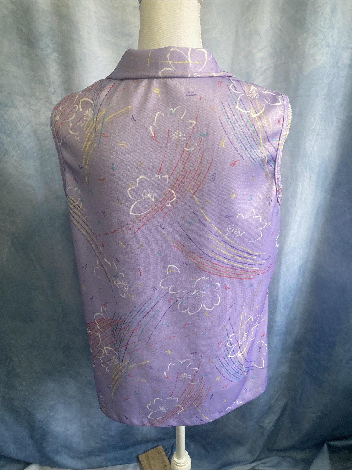Vintage 70s Purple Abstract Floral Smock Blouse Sleeveless Polyester GUC Size L