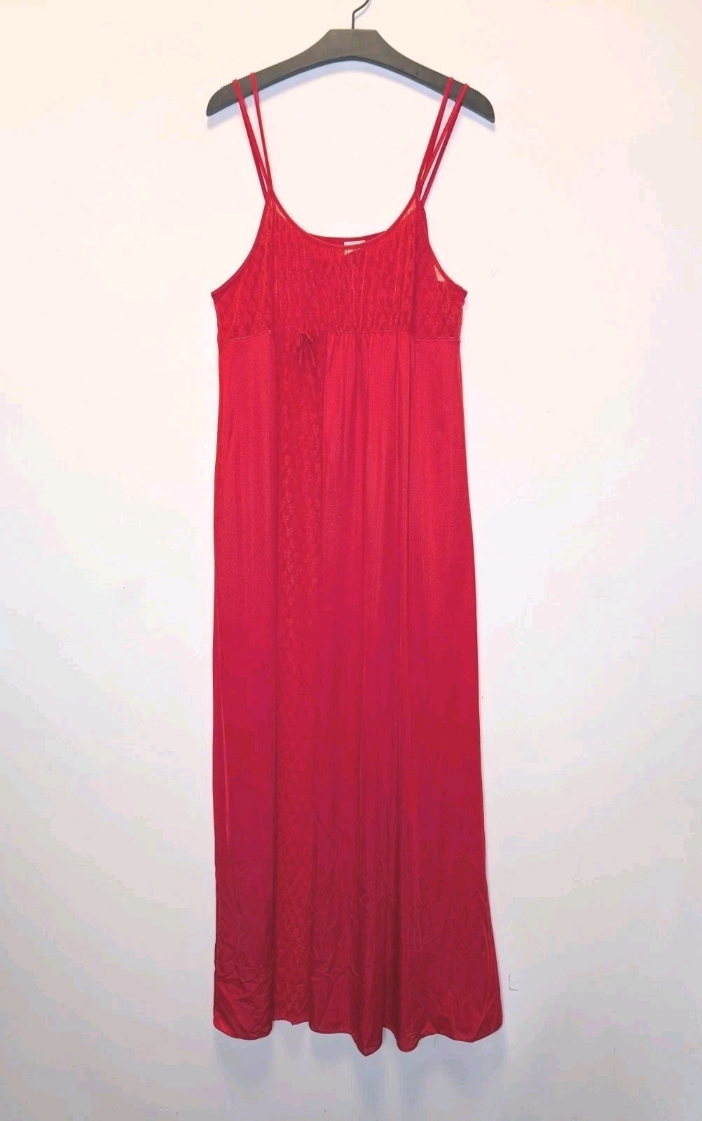 Vintage Red Lace Maxi Slip Dress Double Strap Sheer Nylon Nightgown M 90s Y2K