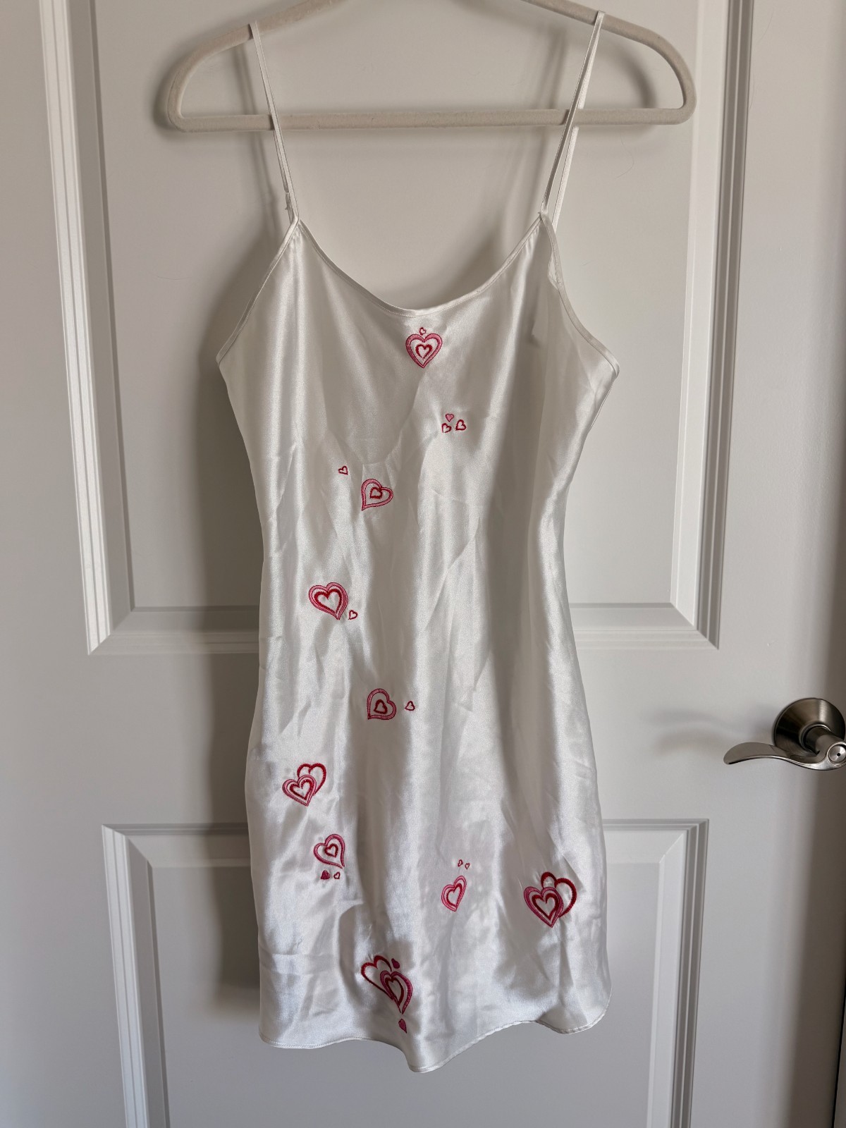 Vintage Inner Most Satin Slip Dress Medium White Embroidered Pink Hearts Chemise