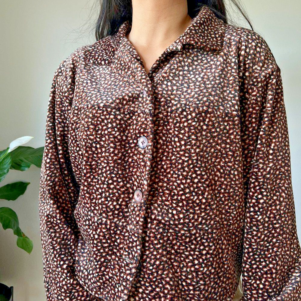 vtg 90s Clio velvet jacket blouse brown black leopard shirt size Large button up