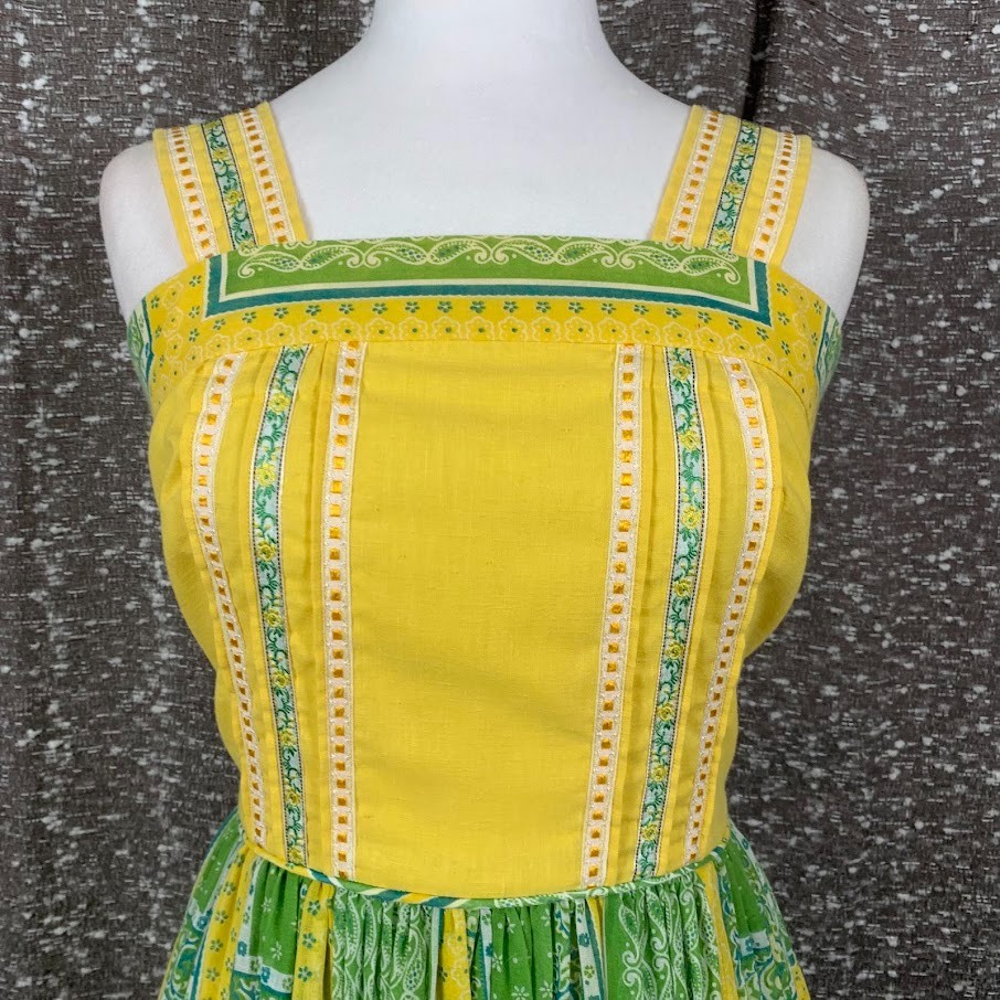 Vintage Handmade Patchwork Dress Ruffled Green/Yellow Boho Cottagecore Women’s