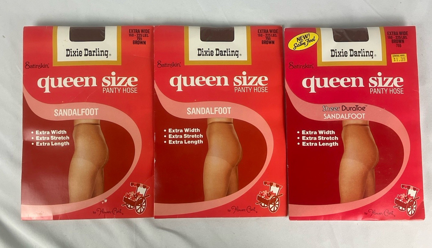 Vintage 3 pairs Dixie Darling Panty Hose Extra Wide Brown Queen Size Sandlefoot