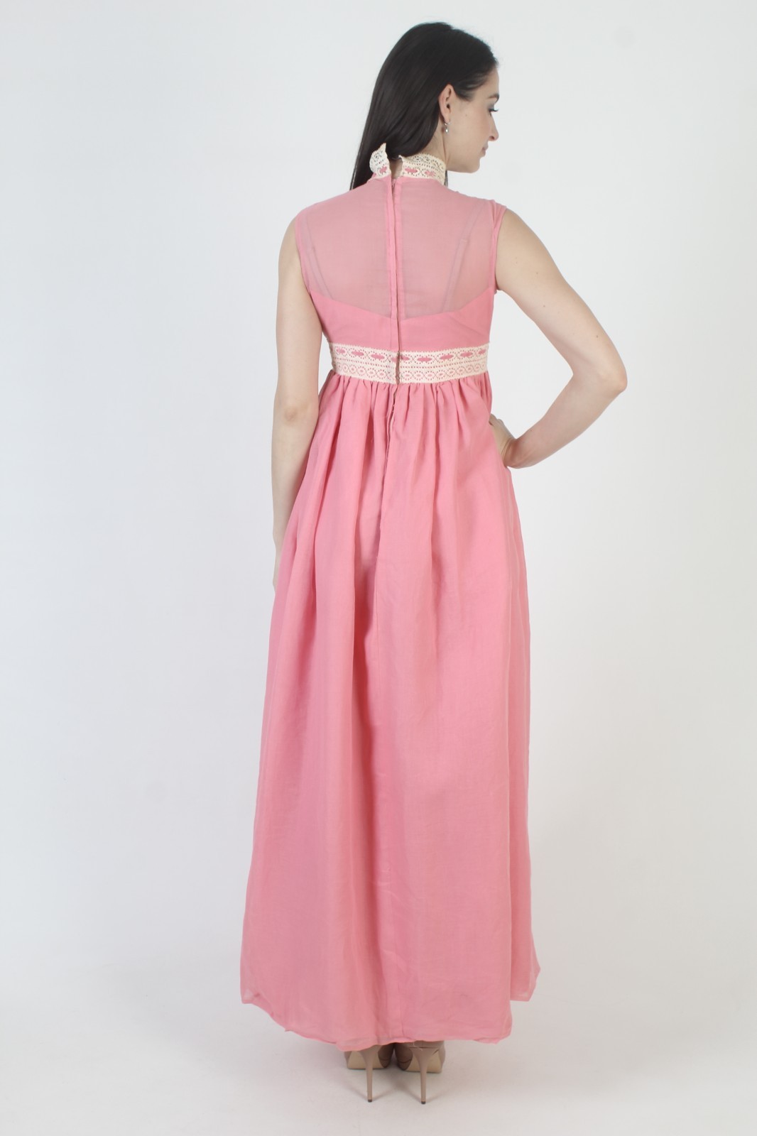 Vtg 70s Pink Prairie Dress High Waist Crochet Lace Victorian Boho Wedding Gown