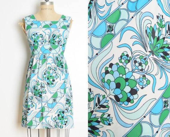 vintage 60s dress blue green psychedelic floral graphic print babydoll mini XS