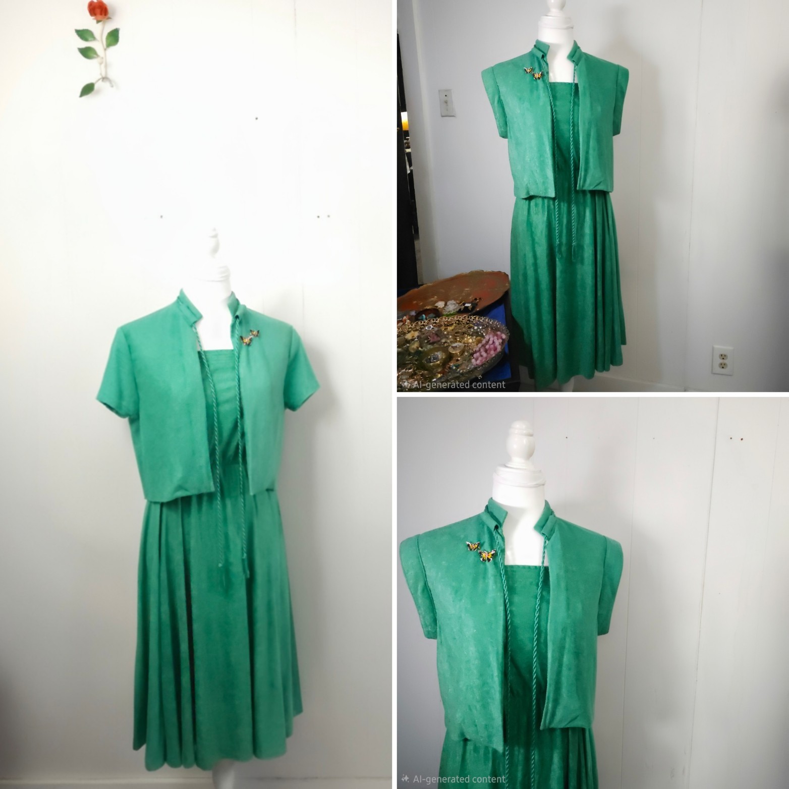 Vtg 1970s Terry Cloth Green Tube Top Dress Vest Set Braided Trim Disco Glam Med