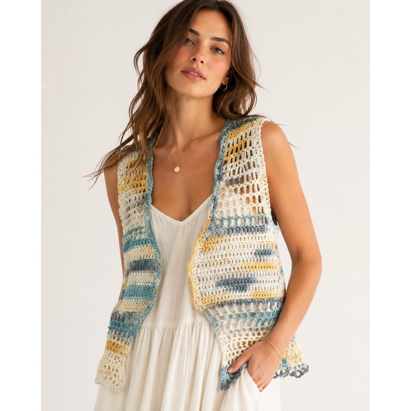 Handmade Crochet Vest | Striped Cream Gold Teal | Artisan One-of-a-Kind