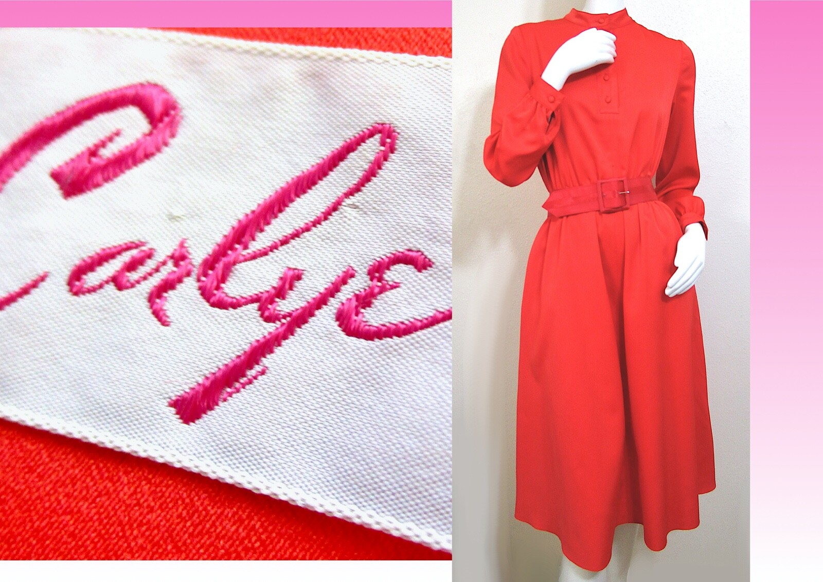 Vintage 70s Carlye Red Orange Mod Modern Mandarin Full Day Dress M 36