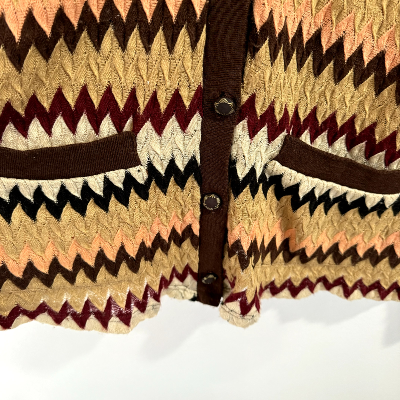 Vintage 90s Y2K Anna Sui Sweater 12 / L Chevron Cardigan Knit Tan Brown Retro
