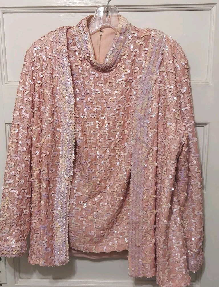 Vtg Lilli Diamond Ladies 2 Pc Pink Sequined Lined Jacket & Top Set