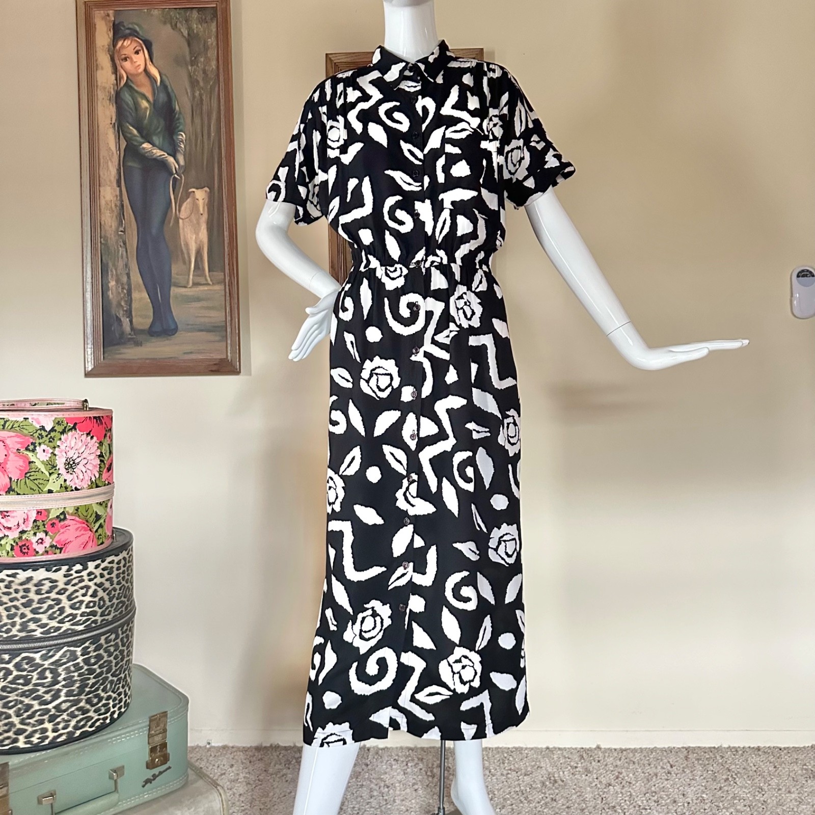 Vintage 1980s New Wave Together Abstract Print Shirtwaist Day Dress M/L
