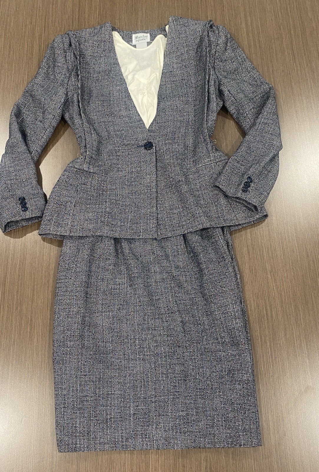 Vtg Barclay Gray Blazer Skirt Suit Multi Color Silk Thread Polyester USA Size 10
