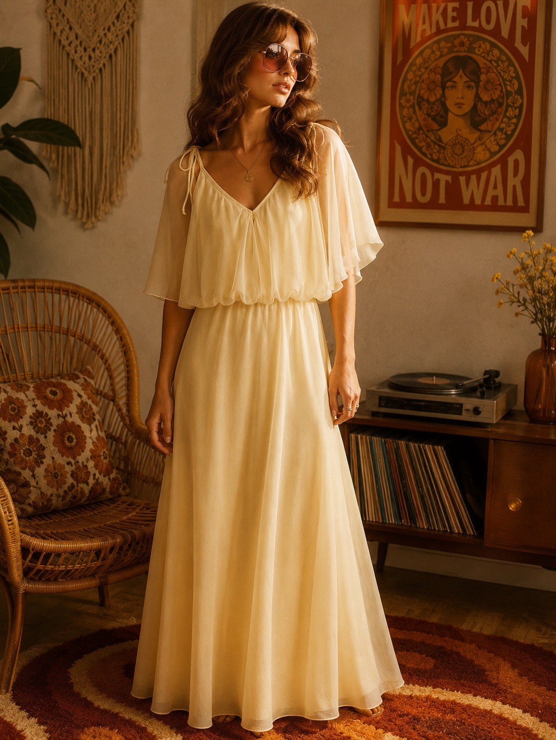 1970s Glamorous Yellow Chiffon Shawl Collar Maxi Dress-Ladies Size 4/6