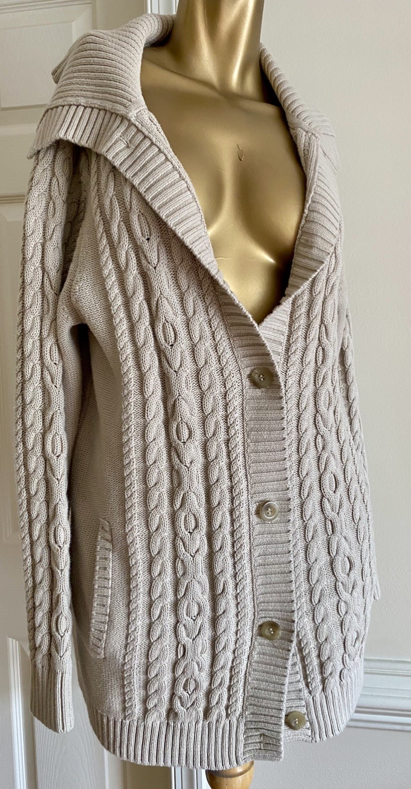 LL Bean Fisherman Cable Knit Cotton Cardigan Sweater Cottagecore Coastal Size L