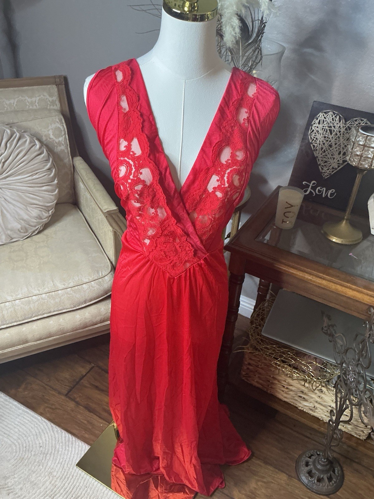VTG Ventura Red Lace Plunge Maxi Nightgown USA 1X Plus Coquette Goth Romantic