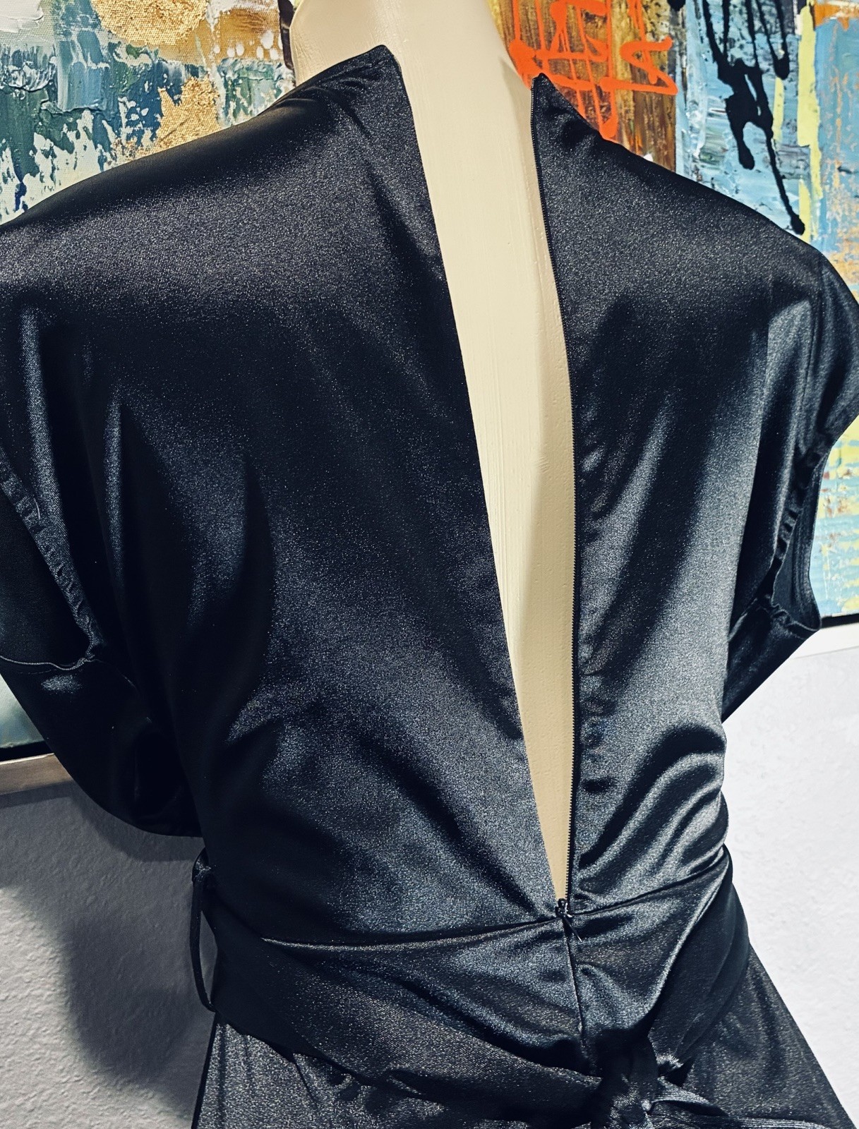 Vtg Black Shiny Spandex Wrap Front Long Dress S