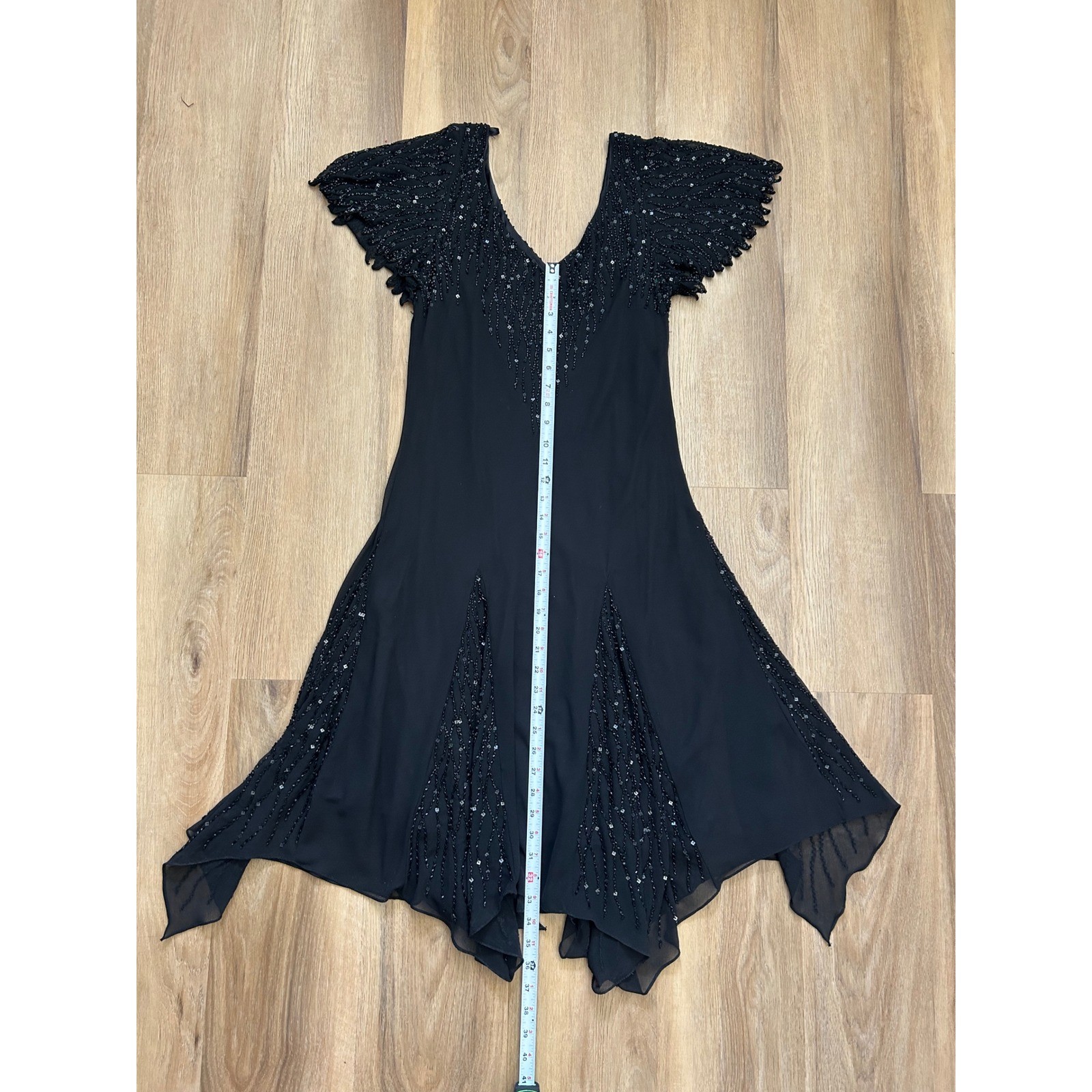 Vtg Black Beaded Handkerchief Hem Dress 16 Whimsigoth Fairycore Dark romantic