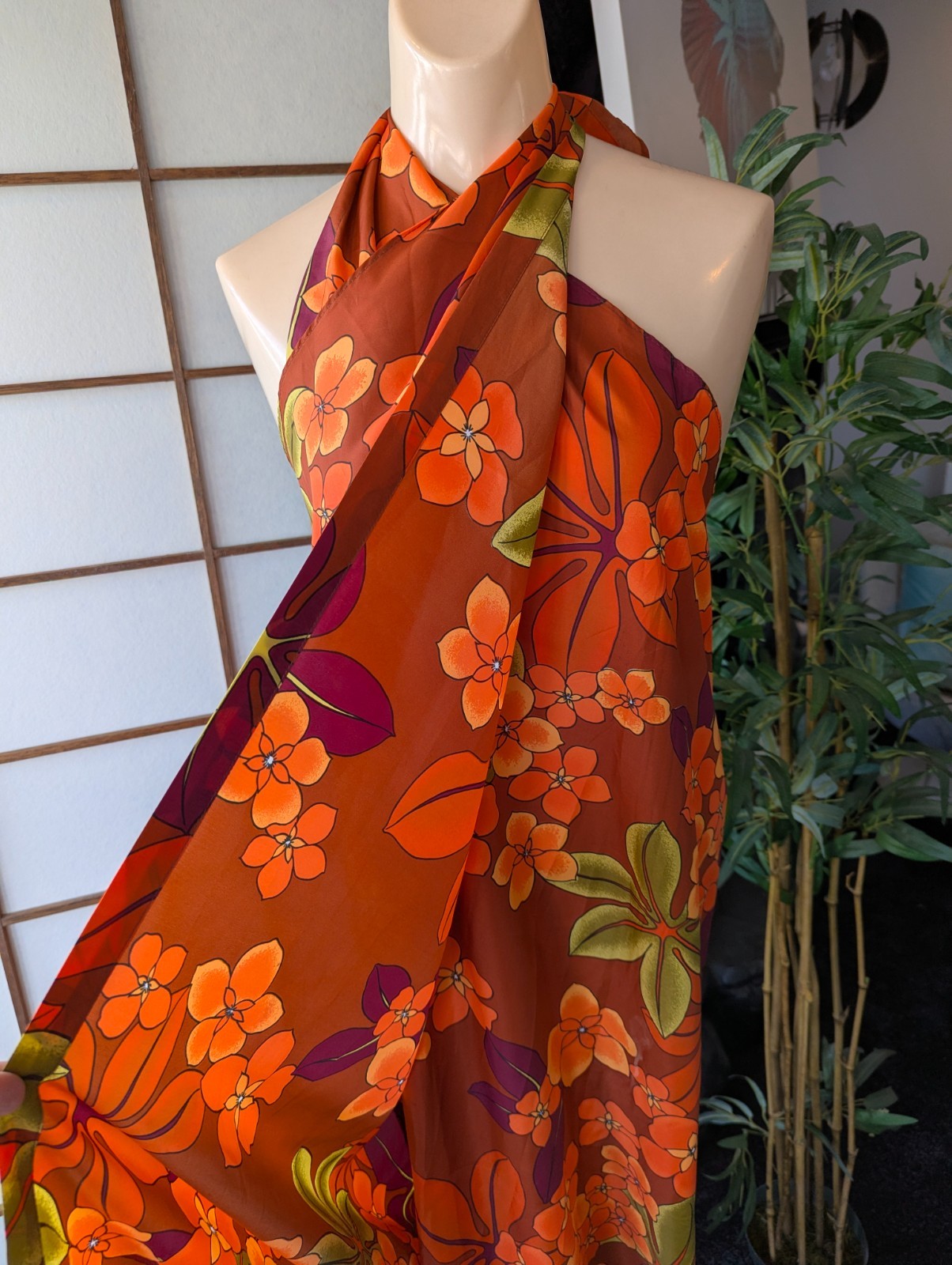 Vtg 1970s Pomare Tahiti Hawaiian Sarong Wrap Halter Dress Bright Orange L/XL