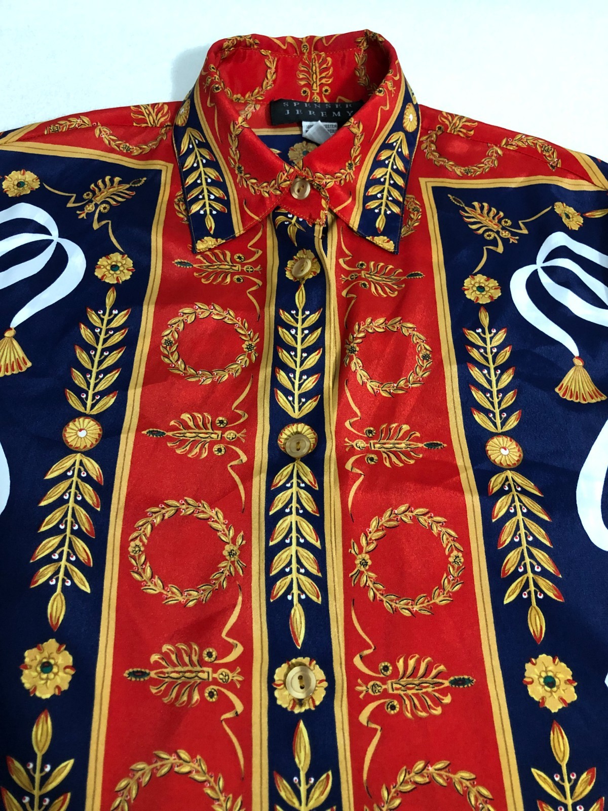 VTG Spencer Jeremy S Bohemian Red Blue Gold Button Up Blouse Vibrant Geometric