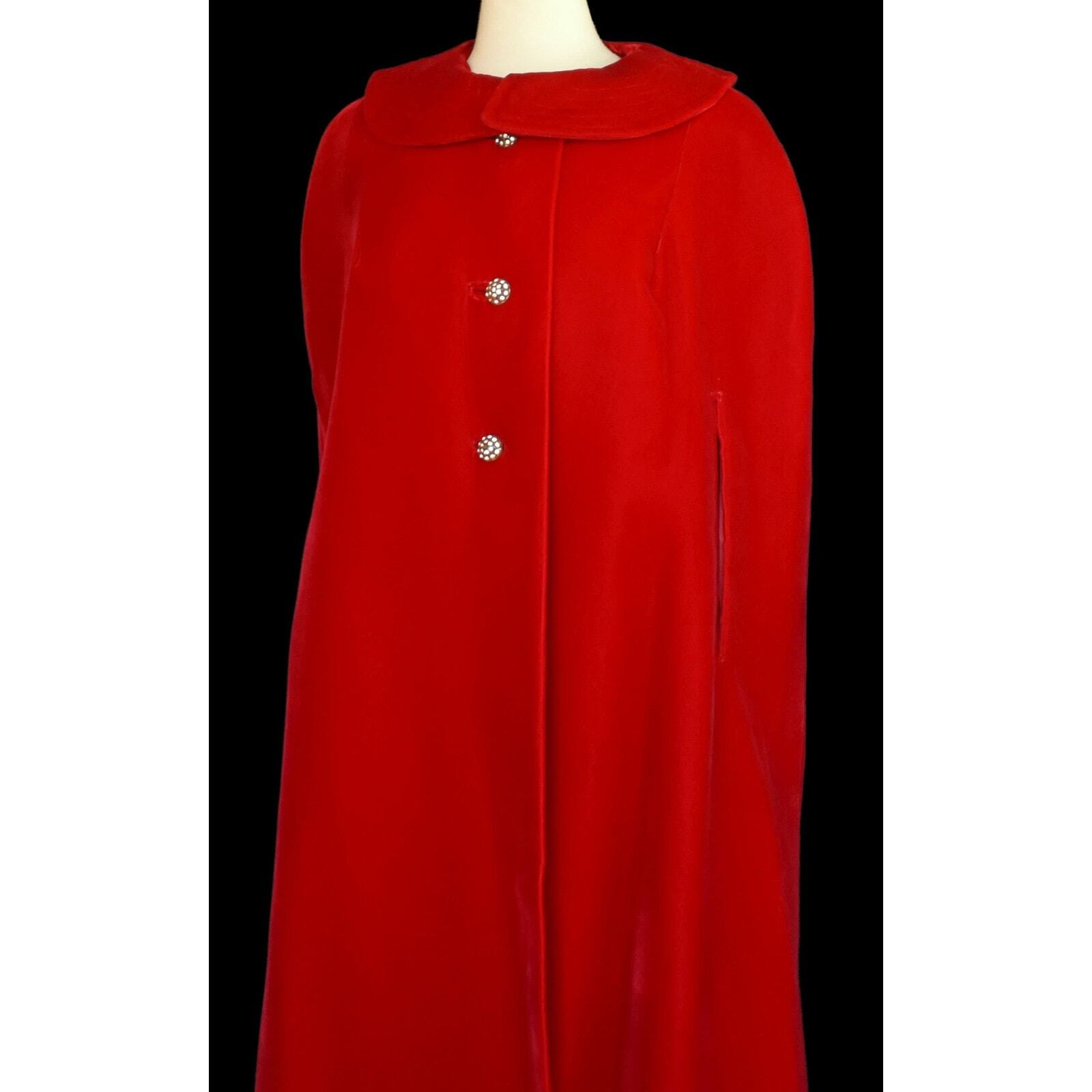 Vintage 60s Red Velvet Ankle Length Cape, Rhinestone Buttons, Size M, L, XL