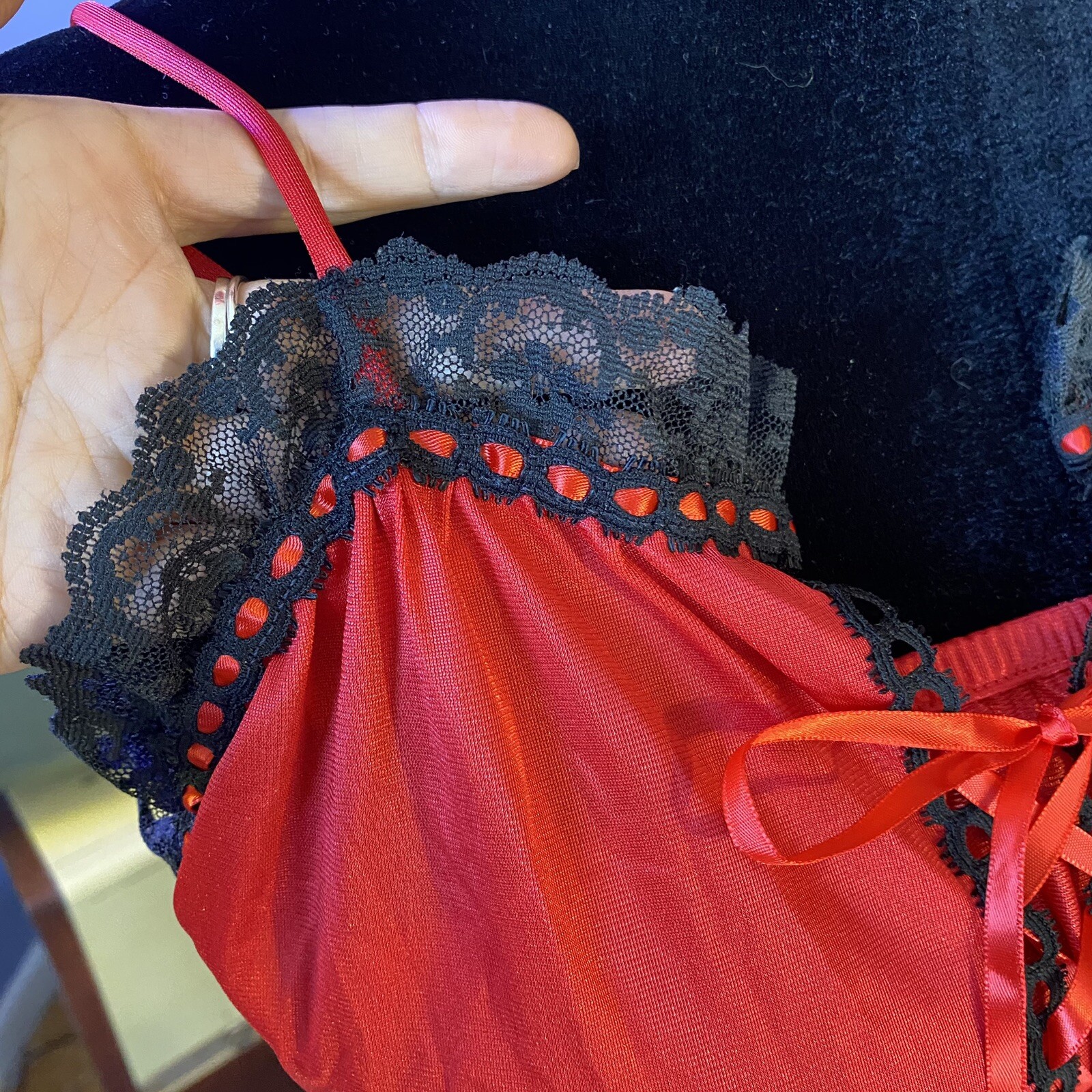 Vintage 70s Lady Cameo Lingerie Harley Quinn Red and Black Lace Nylon Jumpsuit