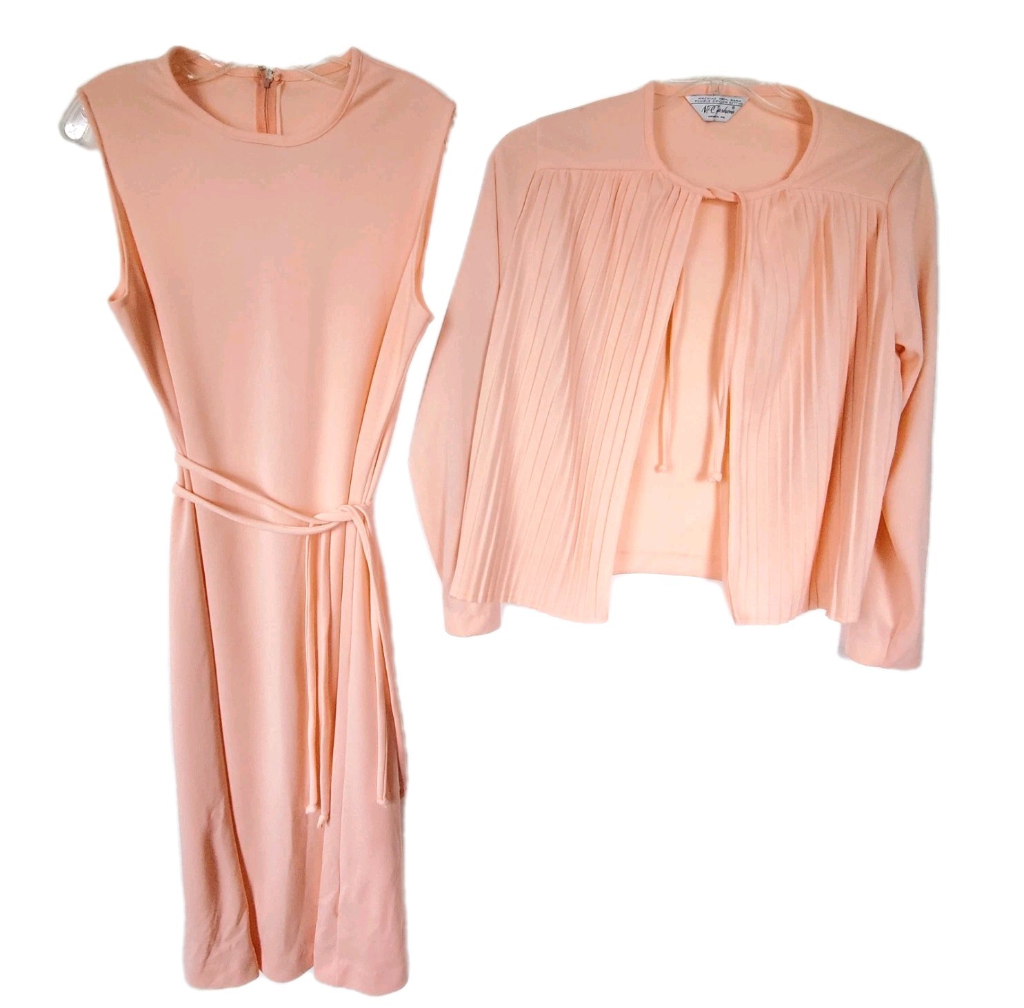Vintage 60s 70s Peach Dress & Pleated Cardigan Set NPC Fashions Retro Mod S/M