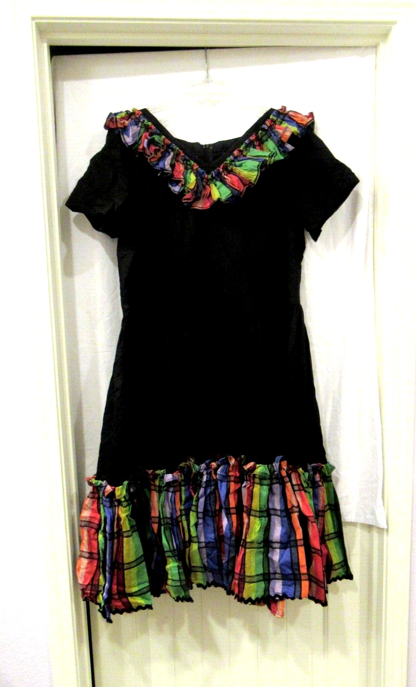 Black and plaid ruffled dance dress, flamenco, vintage, 42″ chest