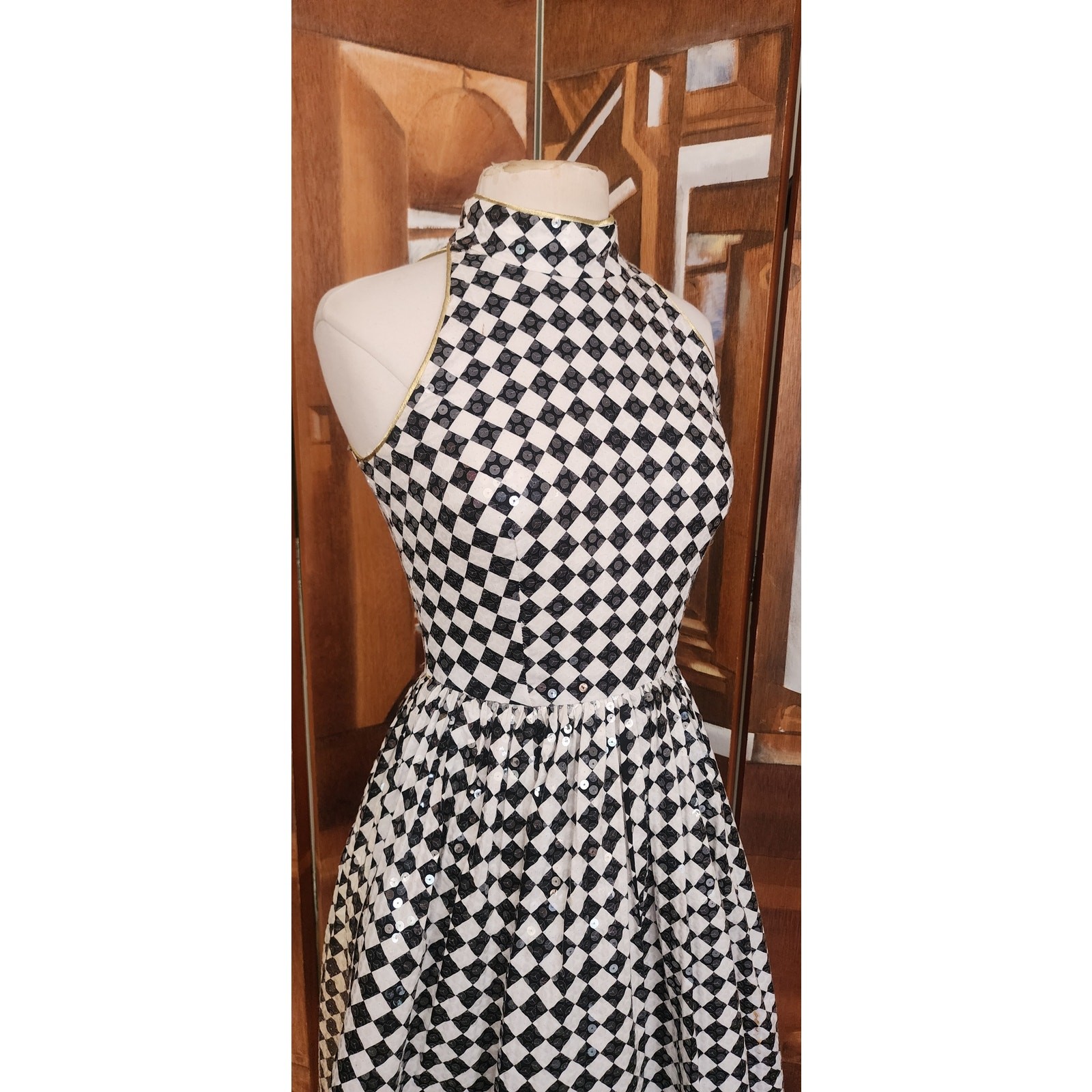 VTG 80s Morton Myles Dress Mod Black White Checkerboard Sequins Sleeveless S