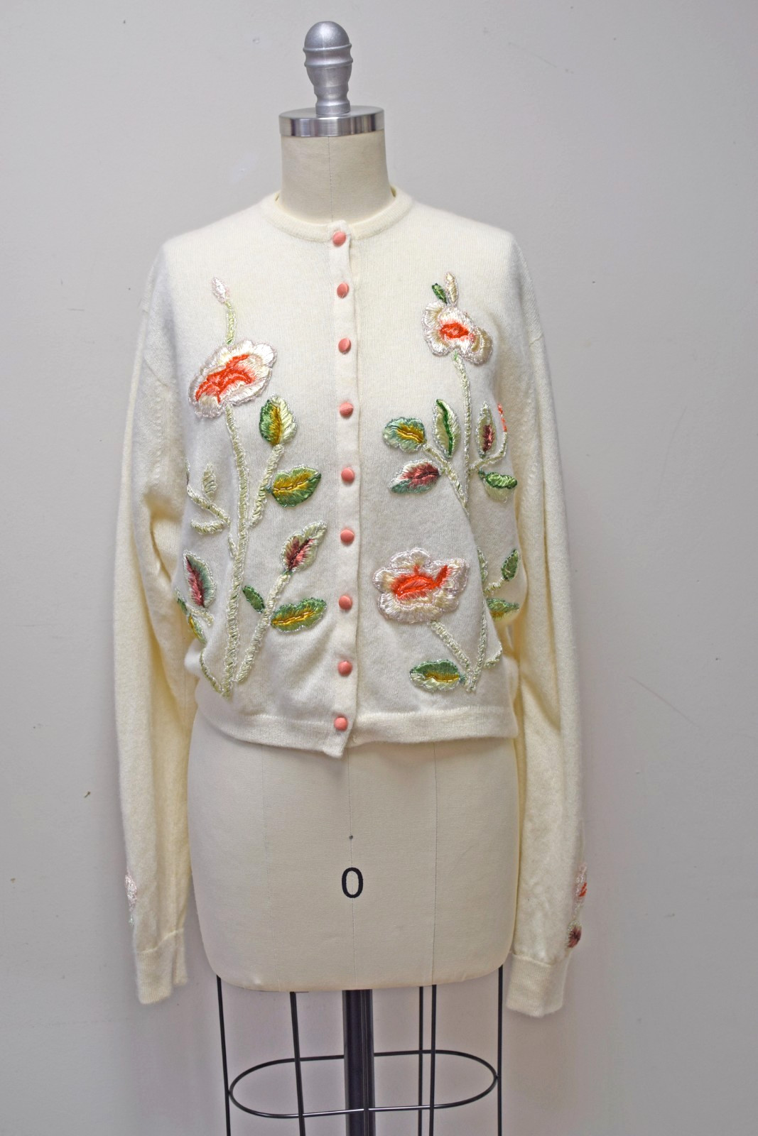VTG Barrie Scotland Pure Cashmere Embroidered Floral Cardigan Sweater ~ M