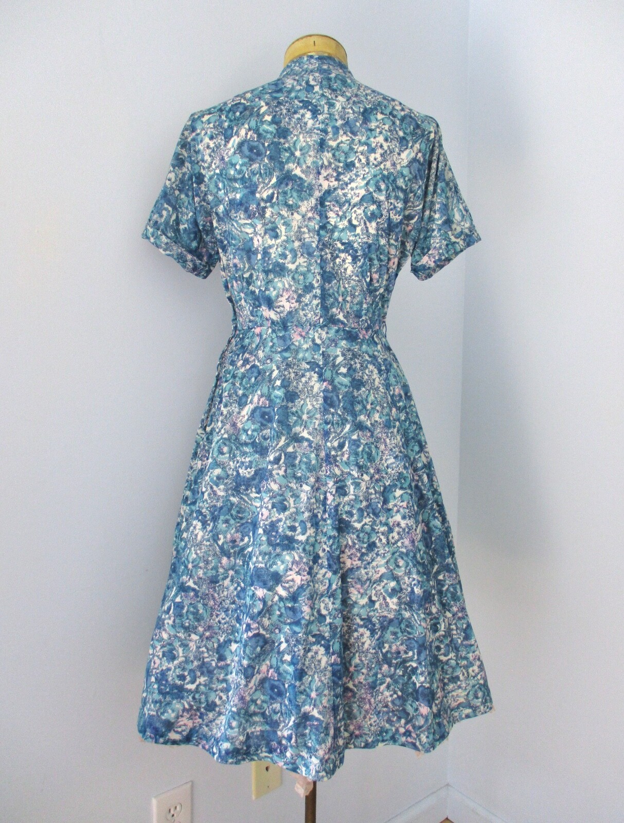 Vtg 50s 60s Blue Pink Abstract Silky Knit Rockabilly Swing Dress Nelson Caine M