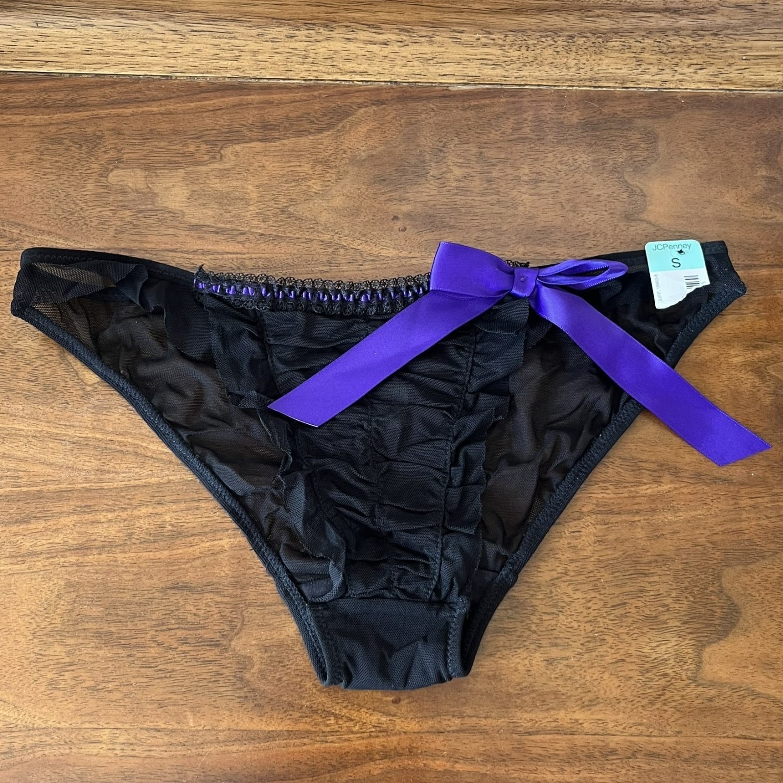 NEW Vintage Delicates Mesh Panties Black Purple Bow JCPenney SMALL 5 Cheeky Cut