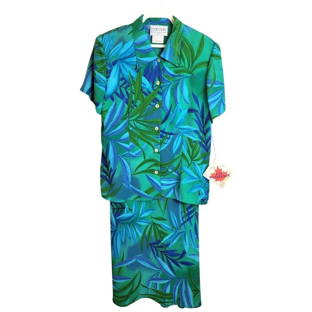 NWT Vtg Leslie Belle Shell buttons Green Blue Botanical Dress & Shirt Size 8