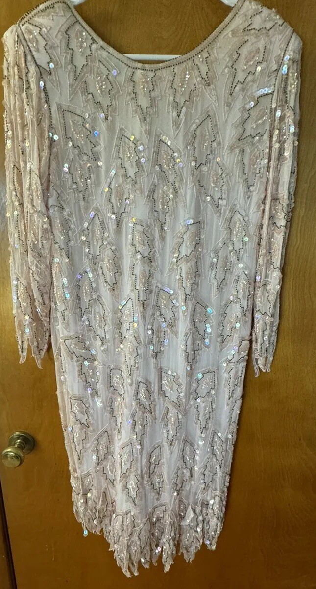 Vintage Carina Pink Sequin Beaded Silk Dress Handkerchief Overlay Hem Size Small