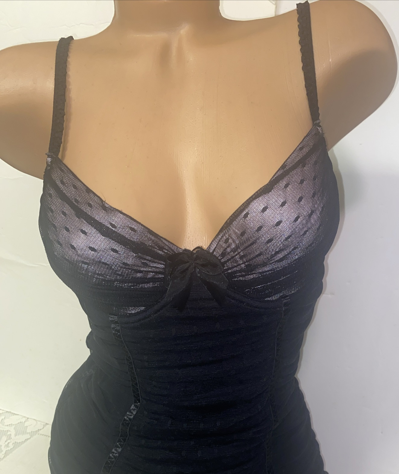 Vintage Victoria’s Secret 36C Black Lace Garter Nightie Slip Nylon Spandex #8