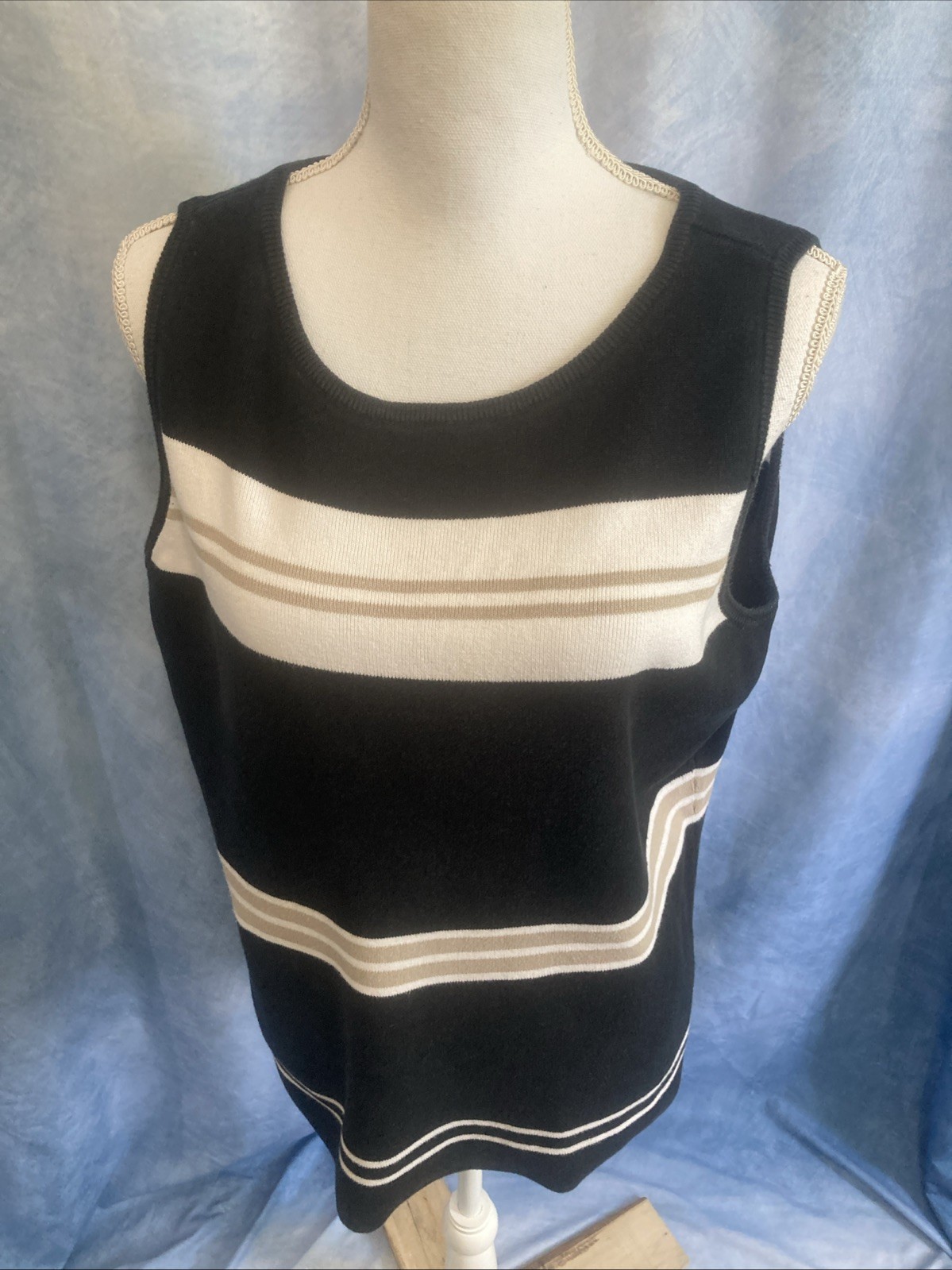 Vtg 90s Y2K Rosanna Cotton Knit Shell Tank Top 1X Black Beige Striped Minimalist