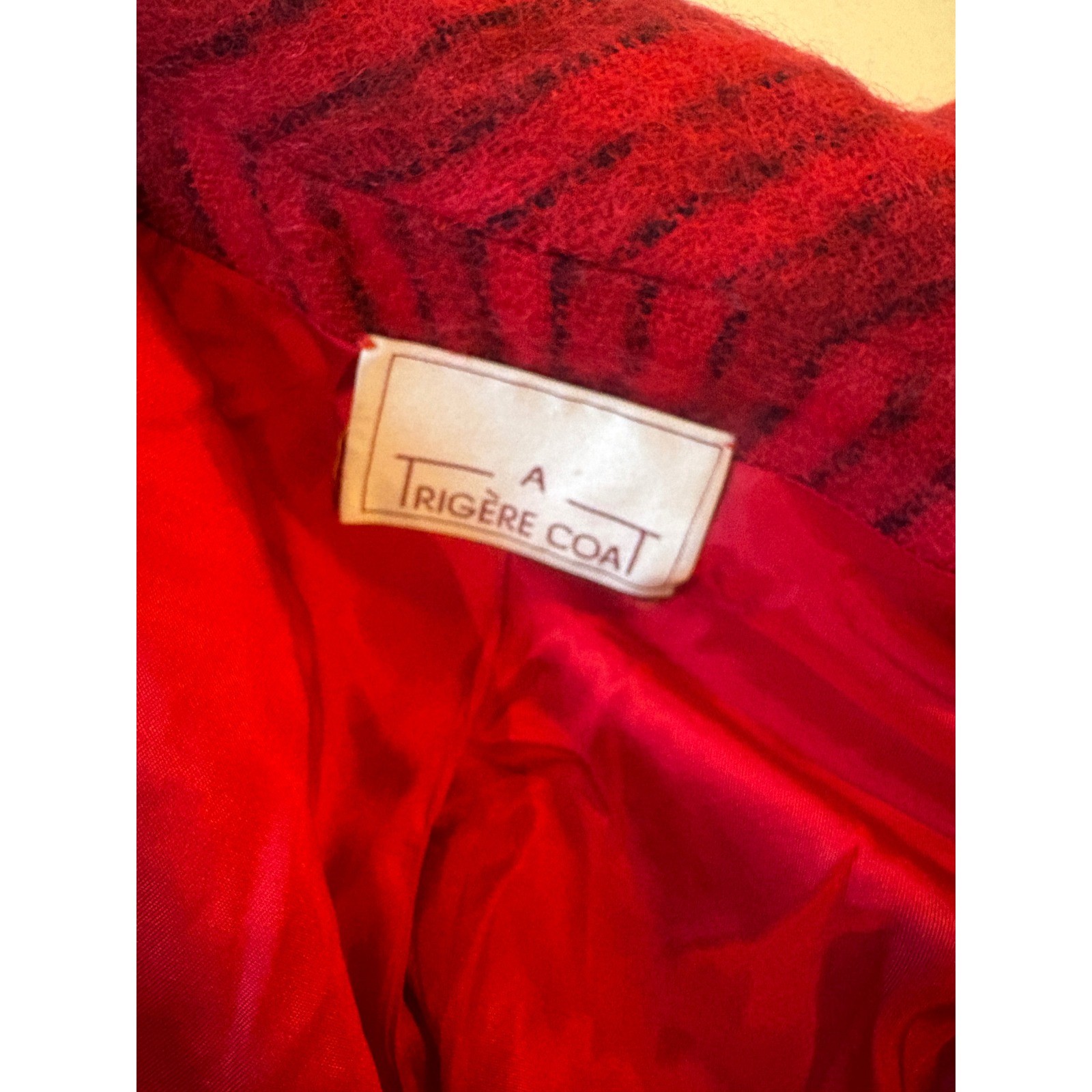 Vintage Pauline Trigere Red Black Stripe Mohair Wool Maxi Coat Scarf Collar 10